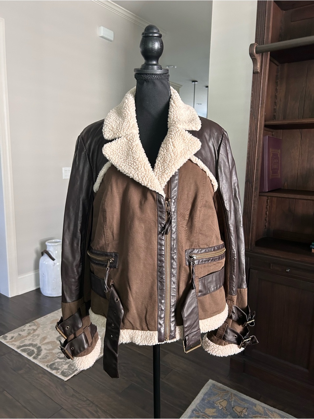 Runway New York Cotton and Faux Leather Sherpa Fur Moto Jacket